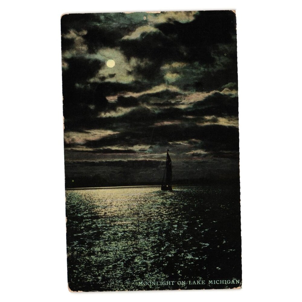 Moonlight On Lake Michigan Vintage Postcard Moonlight Sailboat Night